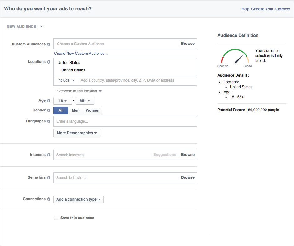 Options to build target audience based on location, age, gender, language, job titles, and more.