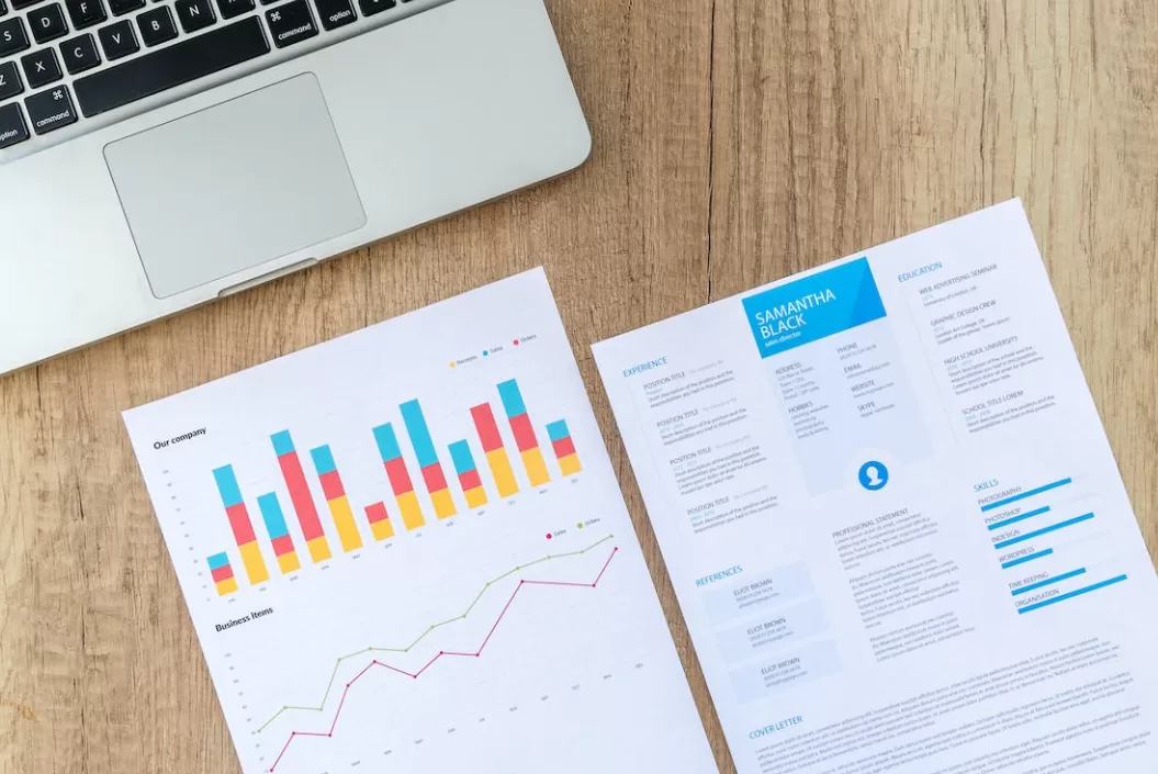 Two printed sheets of paper with charts and graphs