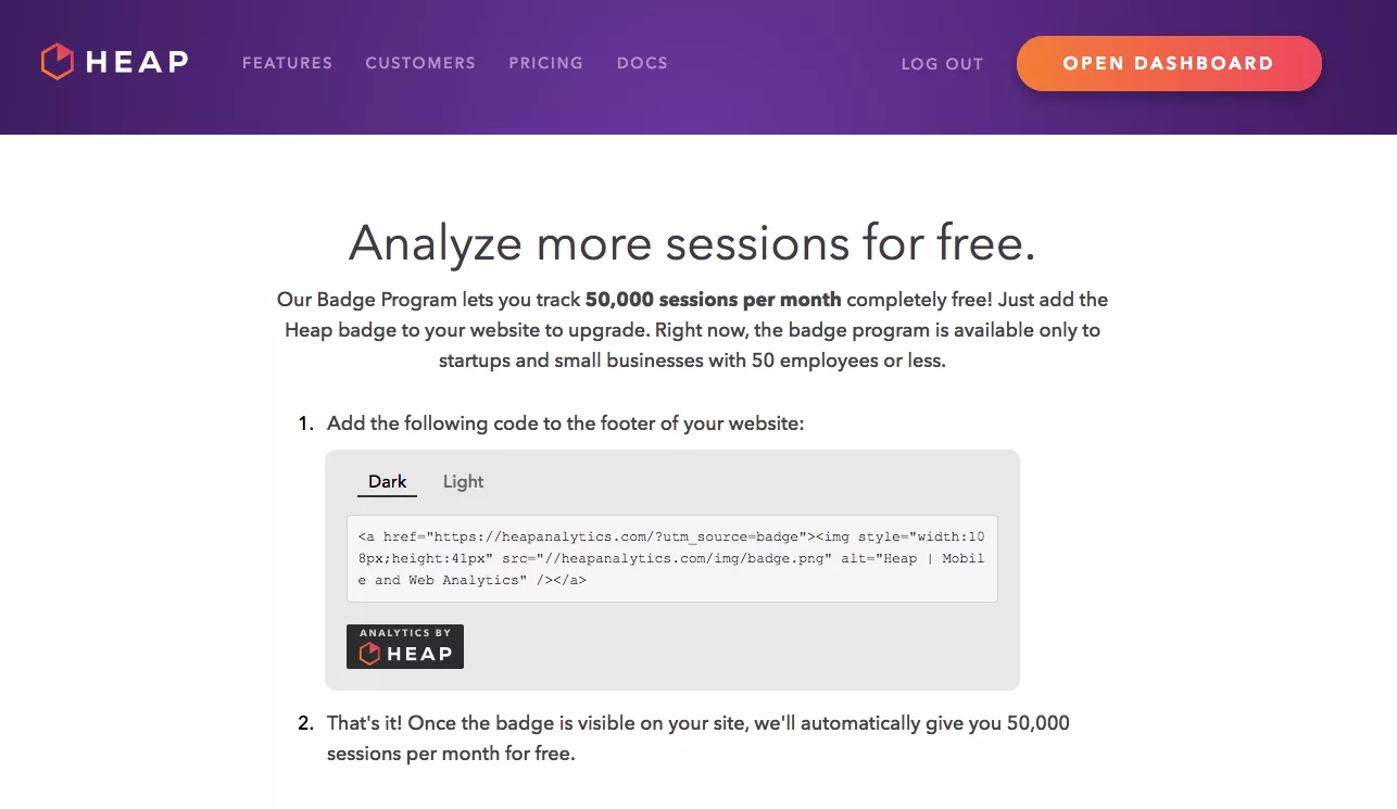 Heap Analytics referral program page.