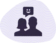 Two people talking with a chat bubble featuring a smiley face